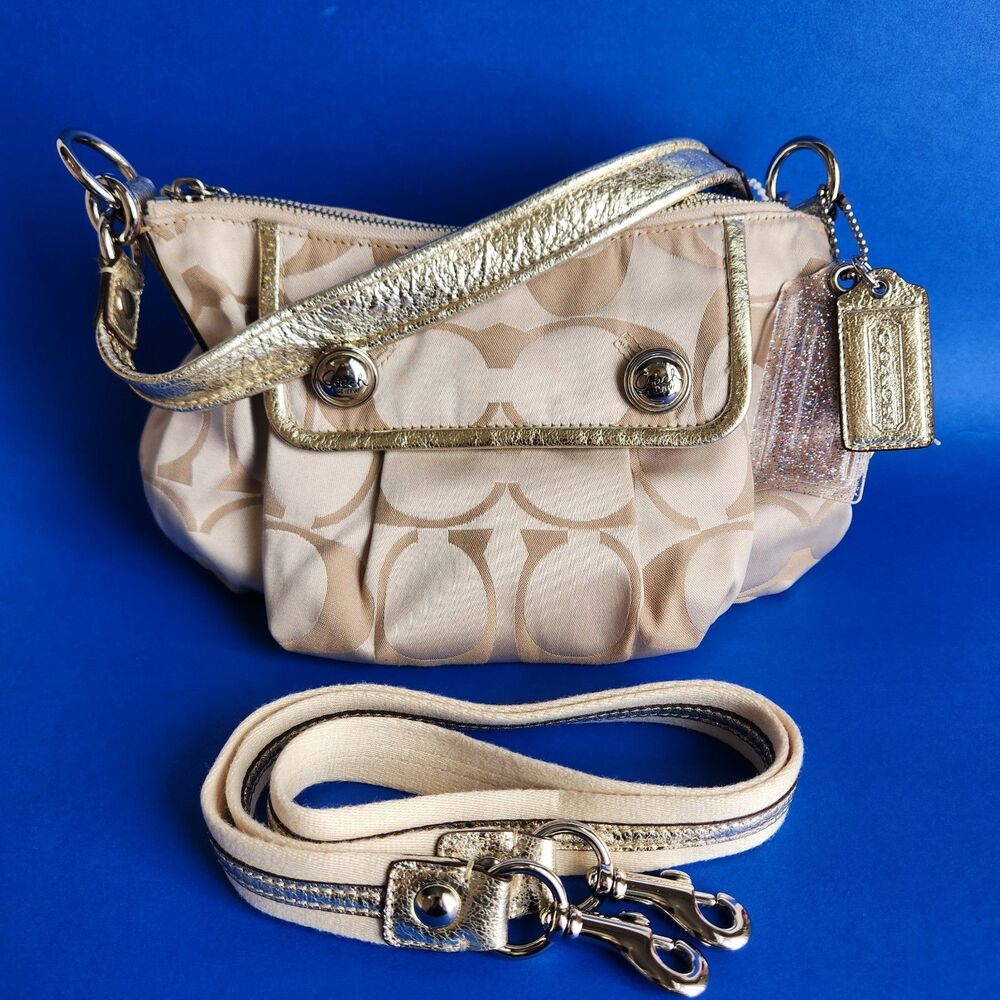 EXCELLENT COACH Poppy 13833 Tan/Gold Shoulder & Crossbody bag purse Signature CC